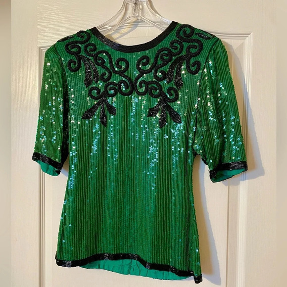 Vintage Justine Todd 100% Silk Green Beaded Sequin Top Size XS Petite Party Fest - Picture 2 of 6